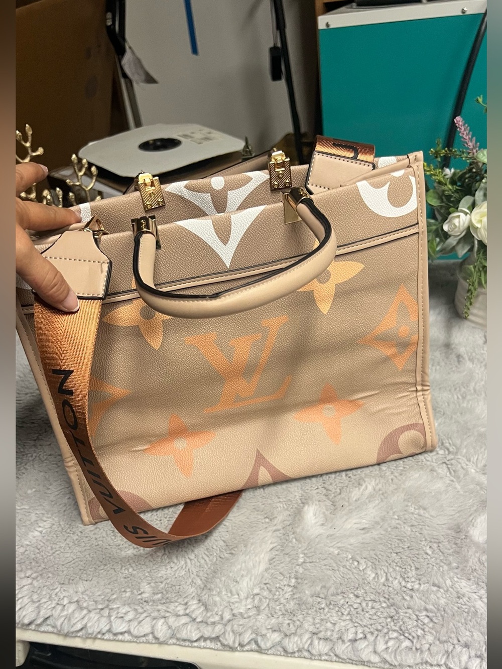 Designer-Inspired Beige Monogram Satchel Bag